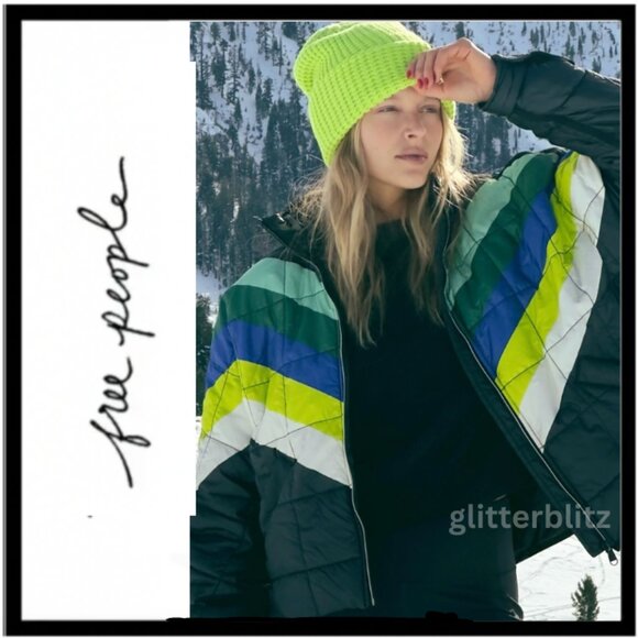 Free People Pippa Packable Puffer Shine Jacket - Camper Stripes - Black Combo XL